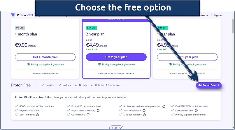Screenshot of Proton VPN’s pricing page