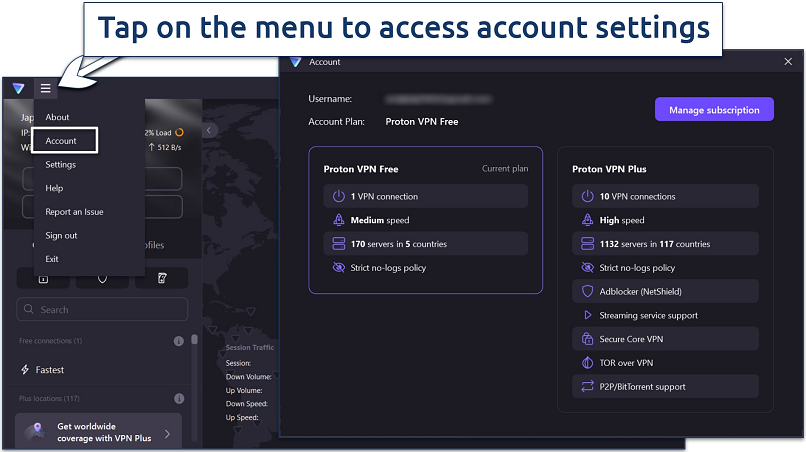Screenshot of the Account tab in Proton VPN’s Windows app