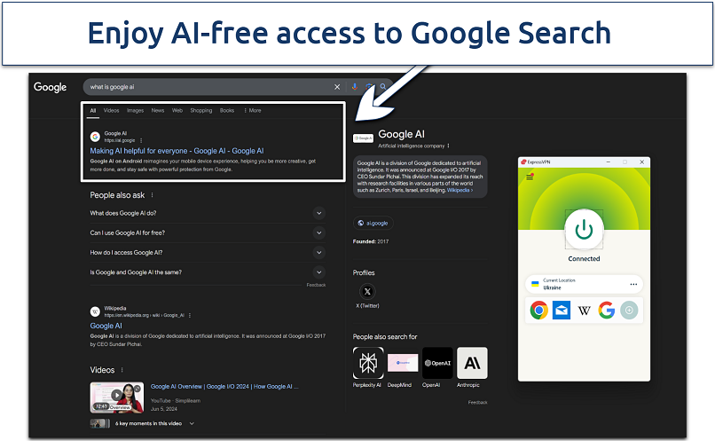 A screenshot showing ExpressVPN’s helping avoid Google AI features