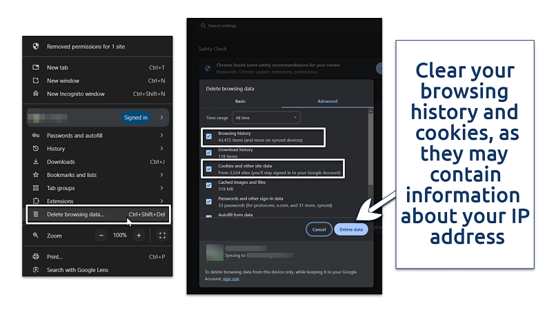 Screenshot of deleting browsing history and cookies