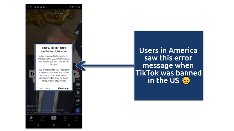 Screenshot of the TikTok app being unavailable in the US