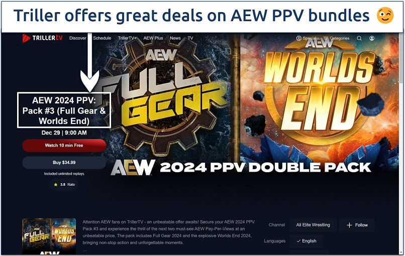 Screenshot of Triller TV’s bundle offer for the AEW 2024 Full Gear and Worlds End PPVs