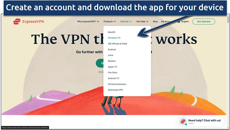 Screenshot of ExpressVPN’s website with device compatibility data