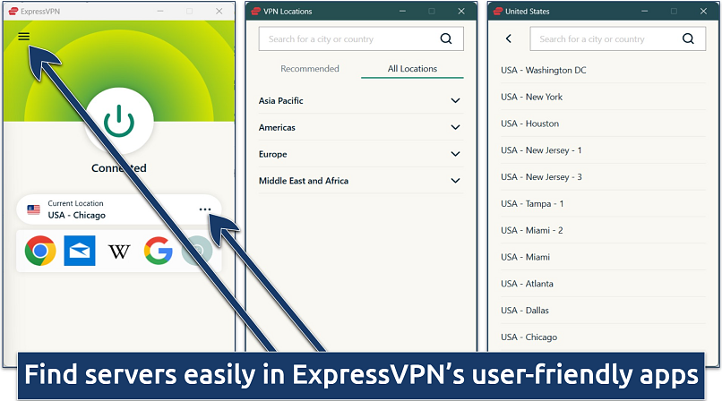 Screenshot of ExpressVPN’s Windows app with US server list