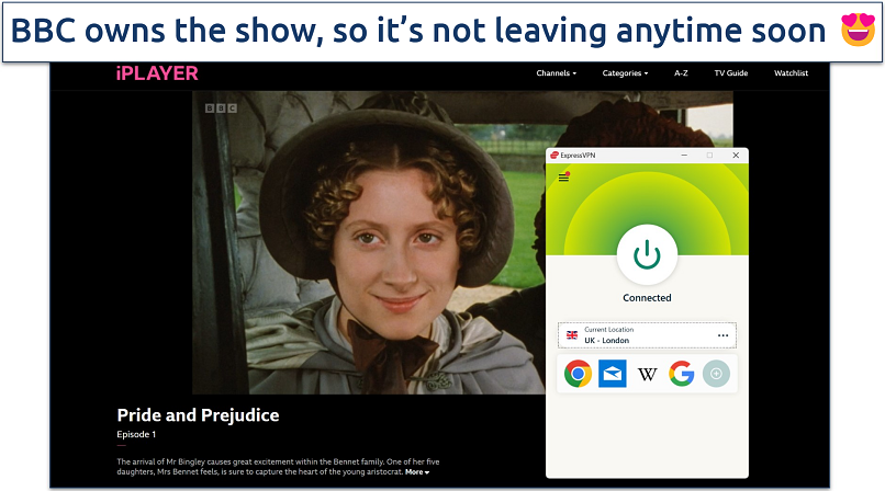 Screenshot of Pride and Prejudice 1995 streaming on BBC iPlayer while connected to ExpressVPN’s UK London server