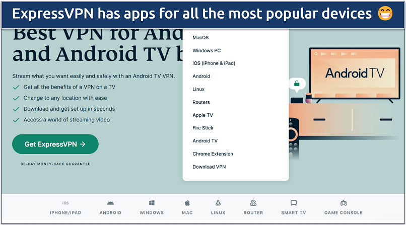 Screenshot of ExpressVPN’s download page showcasing the range of apps it offers