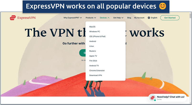 Screenshot of ExpressVPN’s homepage with a list of supported devices