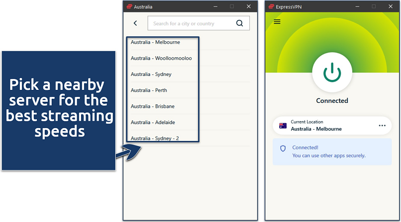 Screenshot of ExpressVPN’s Windows app with the list of servers in Australia