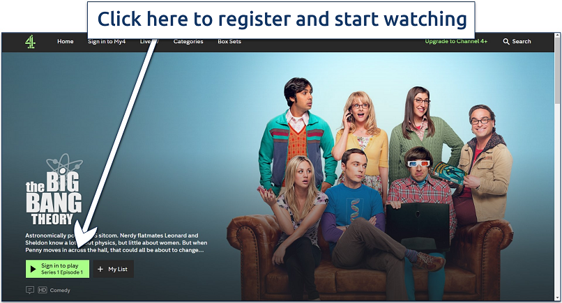 Screenshot of Channel 4’s homepage with the option to register to watch TBBT