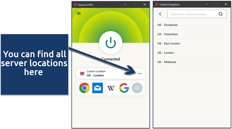 Screenshot of ExpressVPN’s Windows app connected to a server in London, UK