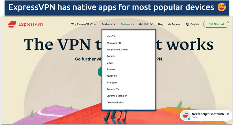Screenshot of ExpressVPN’s website landing page with the devices in focus