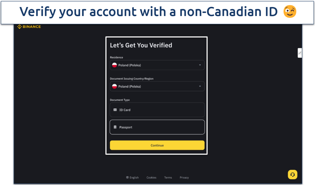Screenshot of Binance’s account verification page