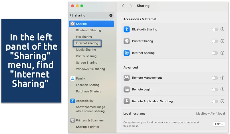 Screenshot showing steps to turn on a WiFi hotspot on a Mac