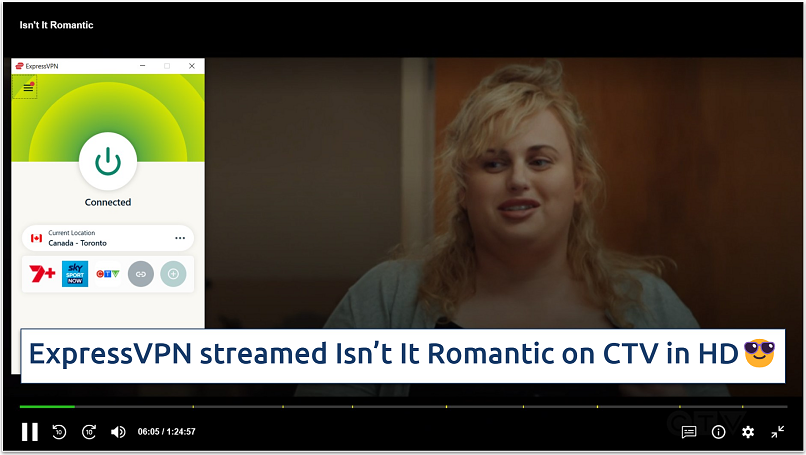 A screenshot of CTV streaming Isn’t It Romatic while connected to ExpressVPN’s Canadian server