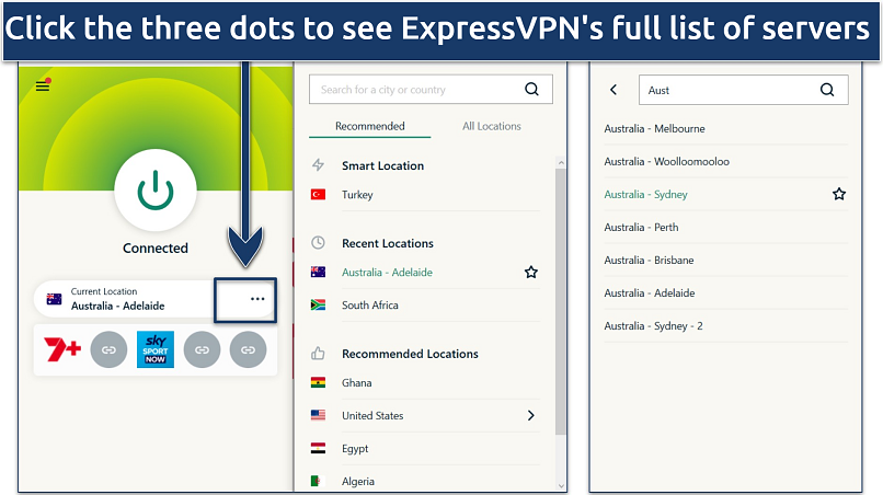 Screenshot showing how to explore ExpressVPN’s various server locations, including those in Australia