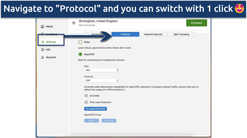 Screenshot of the protocol settings in the IPVanish app