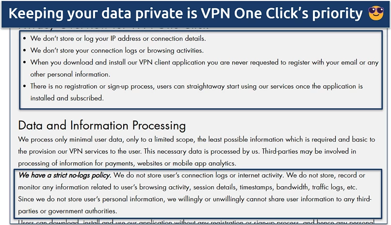 A screenshot highlighting the sensitive information that VPN One Click does not store