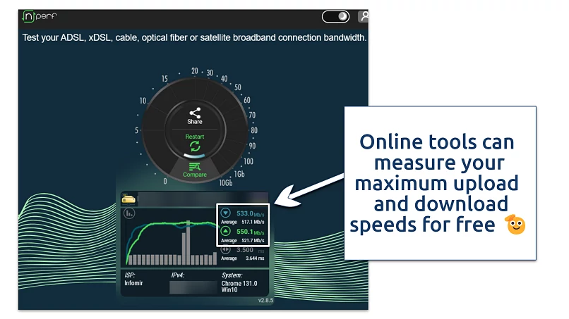 Screenshot showing nPerf speed and bandwidth tester