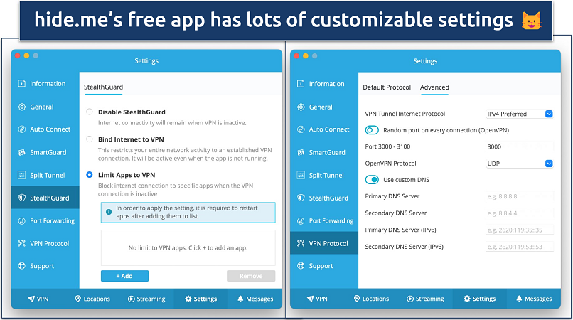 Screenshot of hide.me free VPN app’s setting showing customizable settings