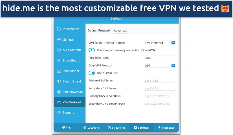 Screenshot showing hide.me’s customizable security