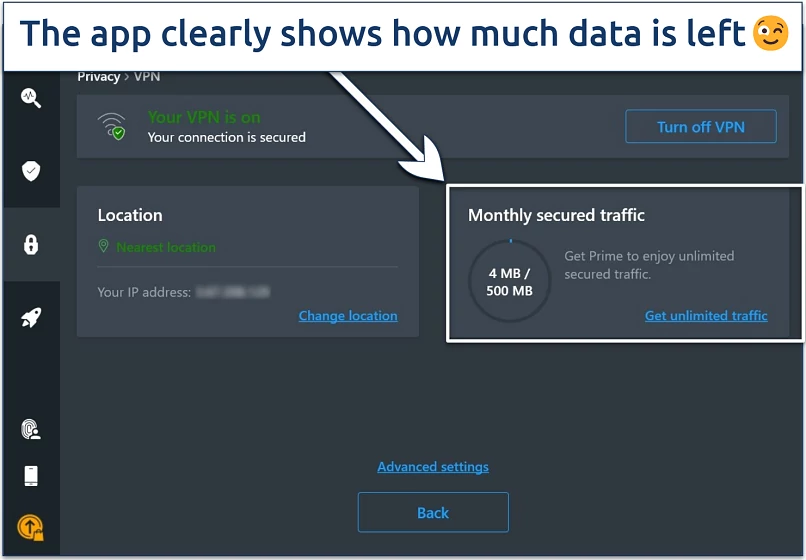 Screenshot of the Avira VPN Windows app with the Monthly secured traffic display