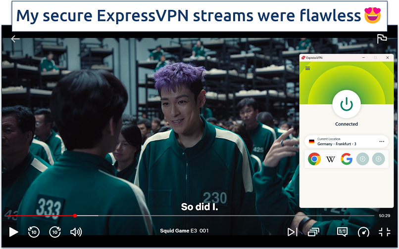 Screenshots of streaming Squid Game on Netflix with an active Connection to ExpressVPN’s Frankfurt server