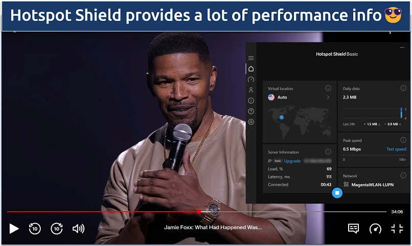 Screenshot of streaming Jamie Fox: What Had Happened Was... on Netflix while connected to Hotstpot Shield