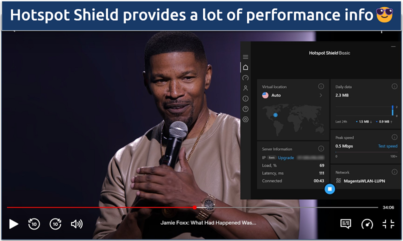 Screenshot of streaming Jamie Fox: What Had Happened Was… on Netflix while connected to Hotstpot Shield