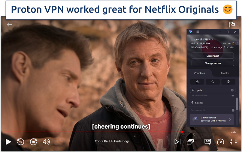 Screenshot of streaming Cobra Kai on Netflix while connected to Proton VPN’s Japan Free server