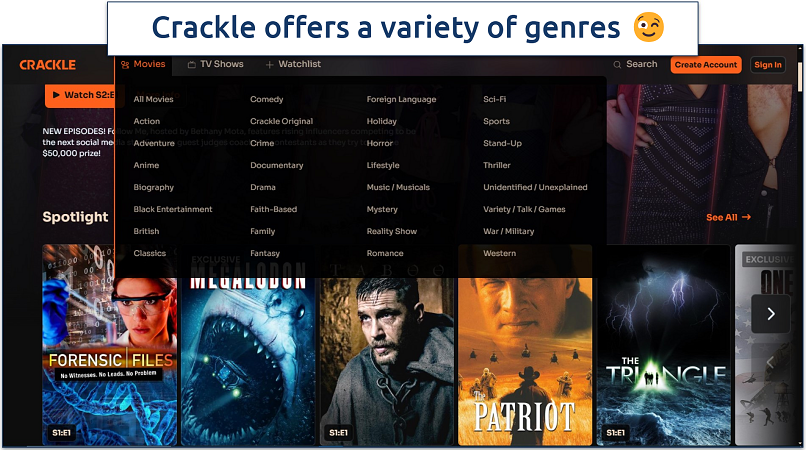 Screenshot of Crackle’s homepage with movie categories