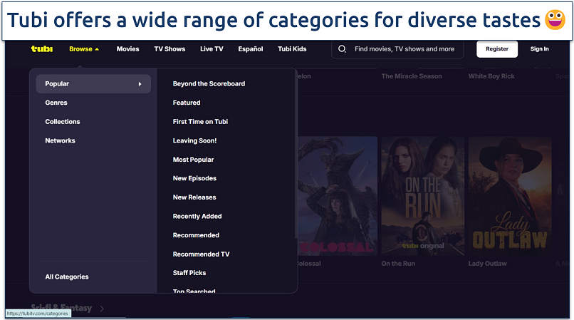 Screenshot of Tubi’s homepage with the list of categories