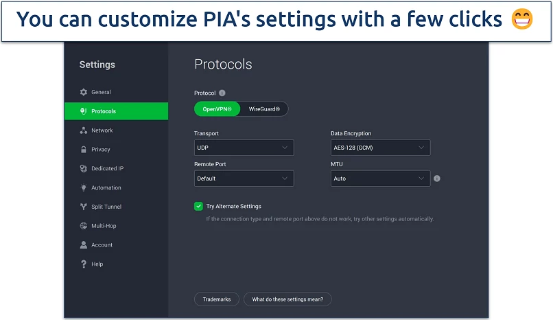 Screenshot of PIA's security features