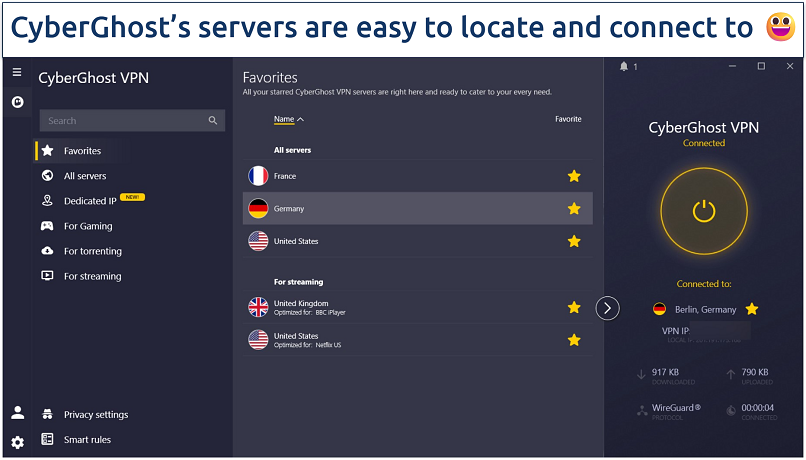 Screenshot of CyberGhost's Windows app showing a
