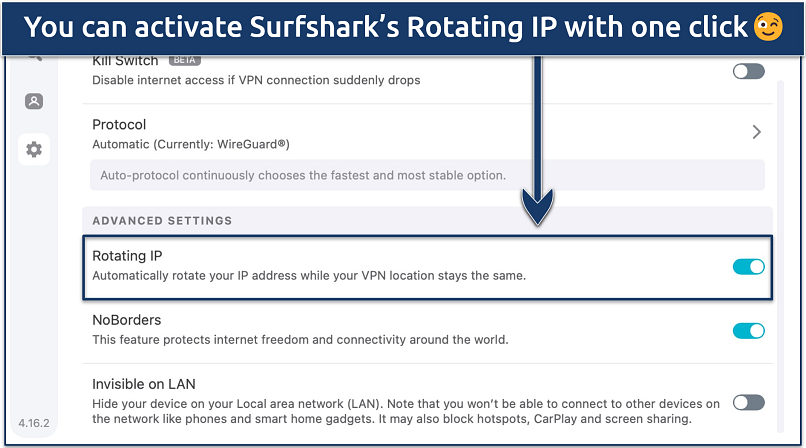 Screenshot showing how to activate Surfshark’s Rotating IP feature