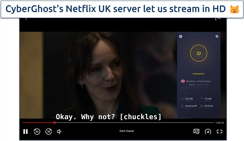 screenshot of Netflix UK streaming with CyberGhost connected