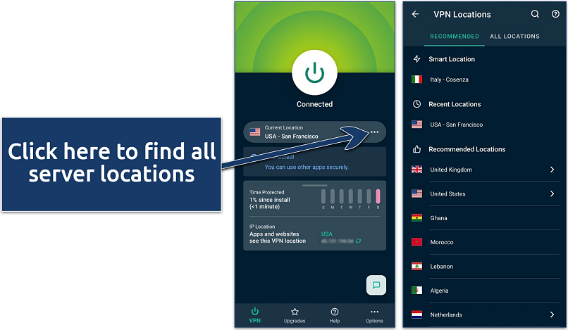 Screenshot of ExpressVPN’s Android app connected to a server in San Francisco, USA