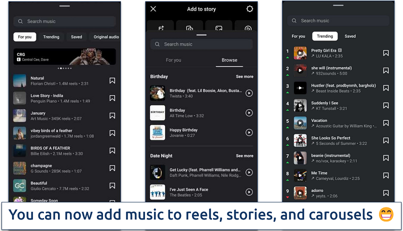 Screenshot of Instagram Music options for stories, reels, and carousels