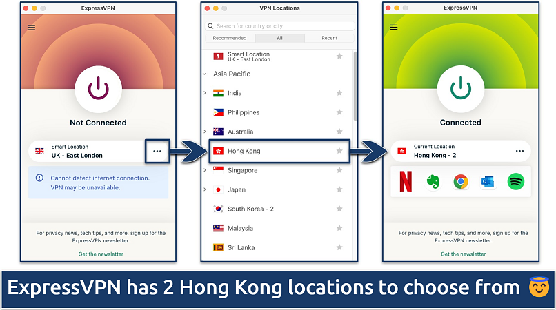A screenshot showing how to connect to a Hong Kong server with ExpressVPN’s Windows app