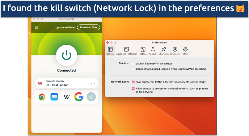 Screenshot of the kill switch settings in the ExpressVPN app
