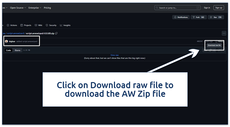 Screenshot of Ares Wizard ZIP file download