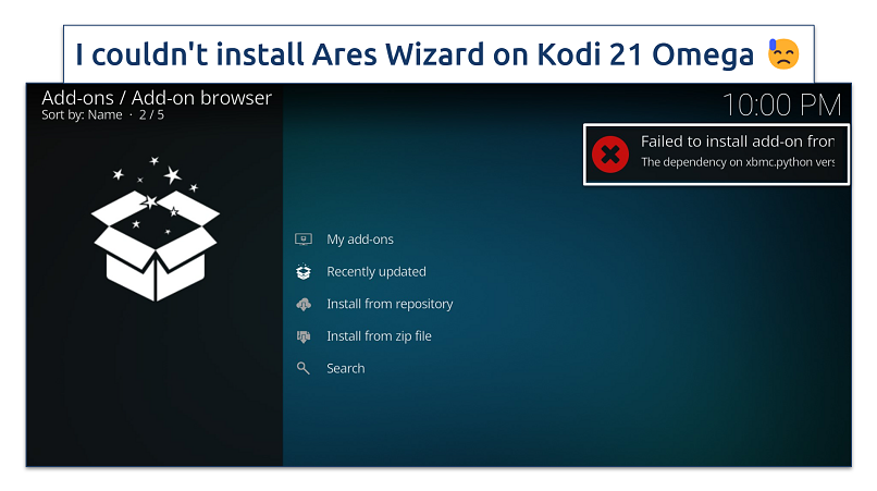 Screenshot of Ares Wizard installation failed on Kodi 21