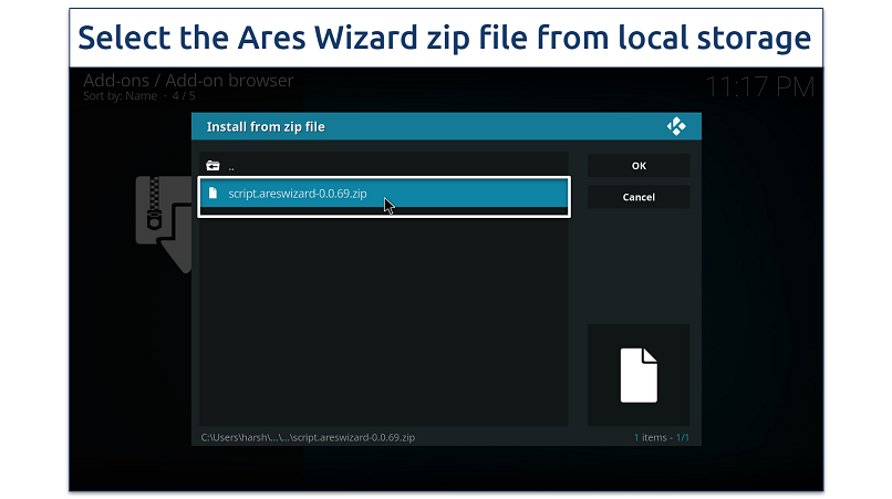Screenshot of Install from zip file modal on Kodi