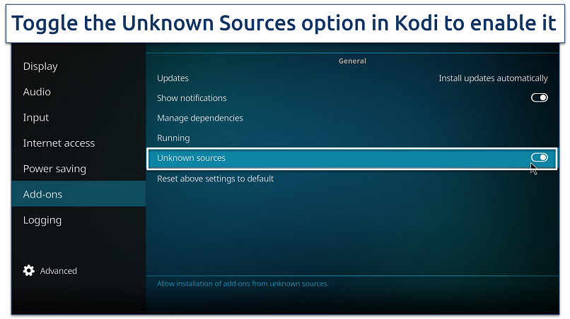 Screenshot of Kodi Unknown sources option