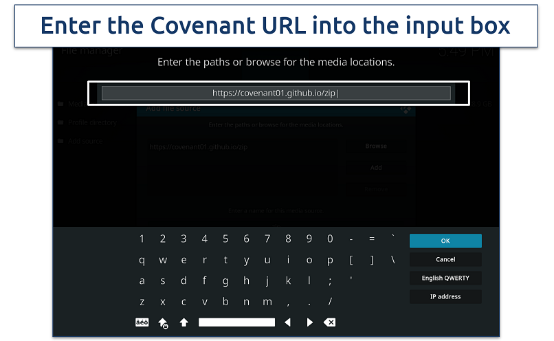 Screenshot of adding the addon URL on Kodi