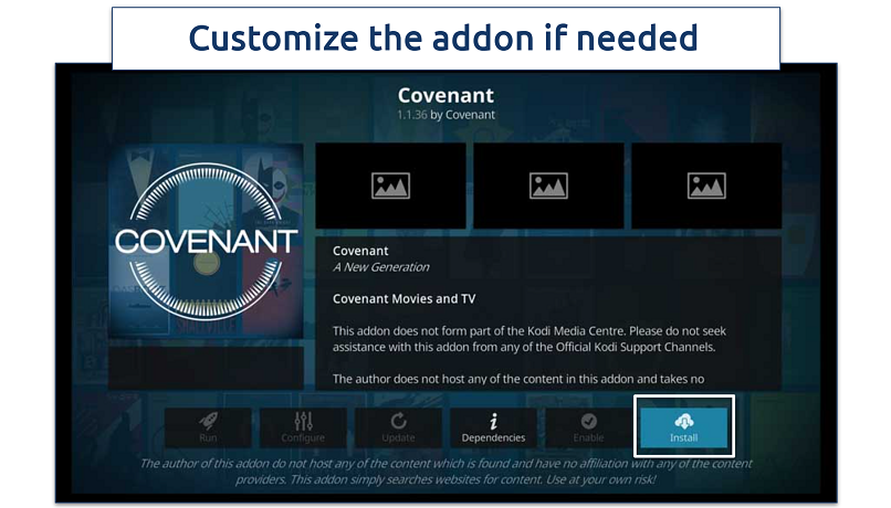 Screenshot of installing Covenant add-on on Kodi