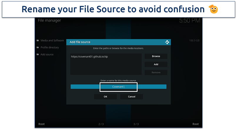 Screenshot of renaming file source on Kodi