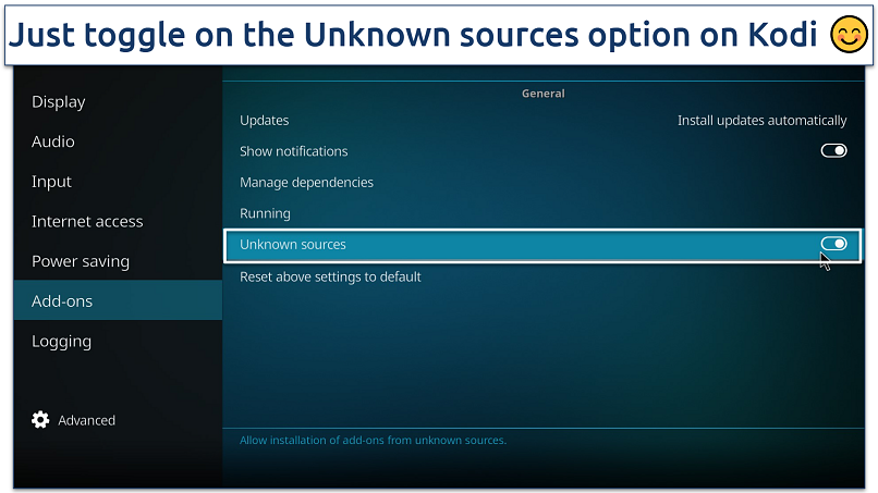 Screenshot of Kodi Unknown sources option