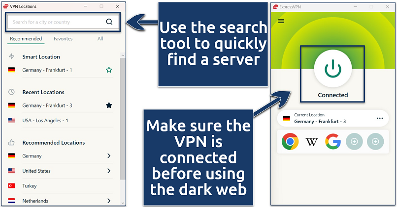 Screenshots of the ExpressVPN Windows app with an active connection to the Germany - Frankfurt - 3 server