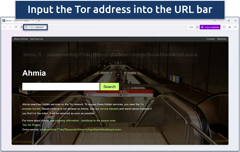 Screenshots of the Ahmia search engine home page on the Tor Browser