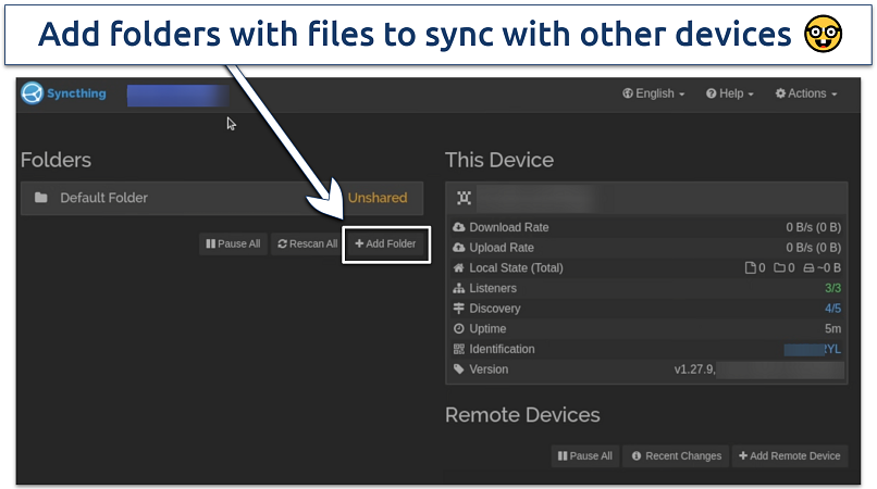 Screenshot showing Syncthing file sharing tool